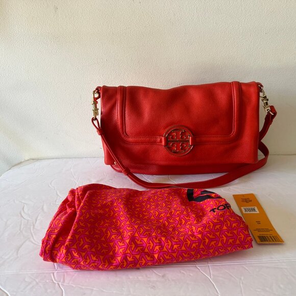 $495 TORY BURCH AMANDA FOLDOVER LEATHER CROSSBODY BAG FLAME RED - Picture 3 of 10